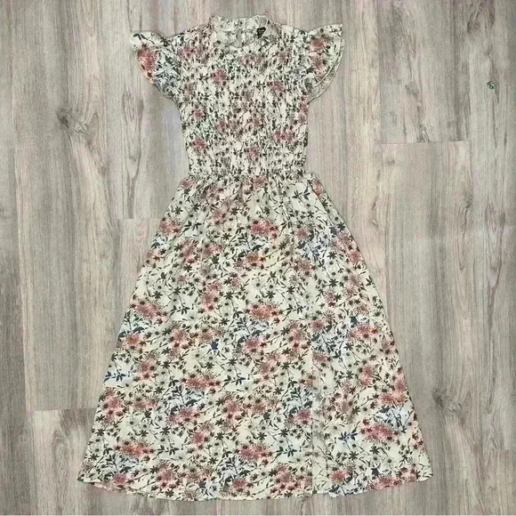 Sason White Floral Cap Short Sleeve Ruffle A-Line Flowy Boho Midi Dress Size S - Picture 1 of 10